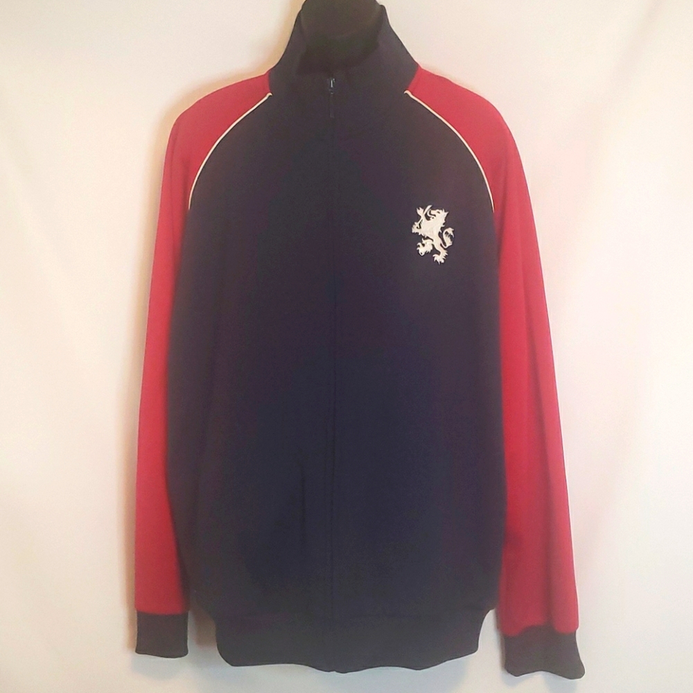 Zipped red and blue bomber jacket